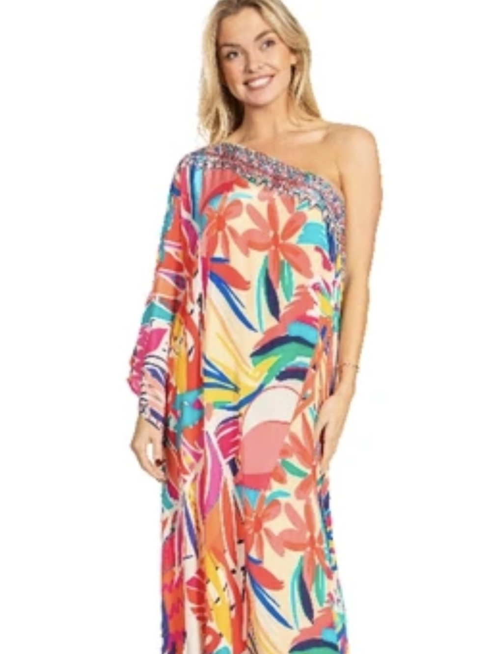 Sakkas Dora Women's One Shoulder Long Sleeve Casual Elegant Maxi Dress Print